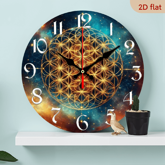 2D Flat, 1pc 10Inch Rustic Farmhouse Flower of Life Wooden Wall Clock with Silent Quartz Movement, AA Battery Operated (Not Included), 2D Flat Design for Kitchen, Bedroom, Living Room, or Office D