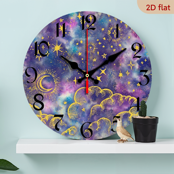 2D Flat, 1pc 10Inch Rustic Farmhouse Galaxy Stars Wooden Wall Clock - Silent Quartz Movement, AA Battery Operated (Not Included), Vibrant Space Design with Sun, Moon, Stars Clouds, Perfect for Kit