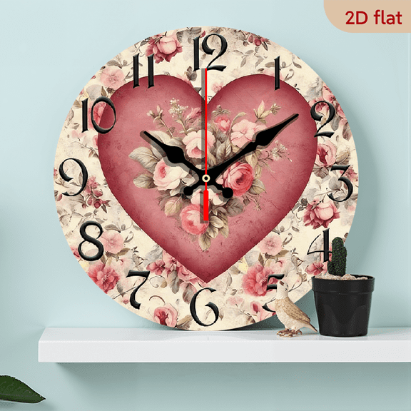 2D Flat, 1pc 10Inch Rustic Farmhouse Heart Floral Wooden Wall Clock - Silent Quartz Movement, AA Battery Operated, 2D Flat Design with Pink White Flowers, Perfect for Kitchen, Bedroom, Living Room