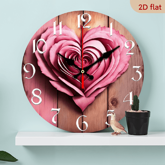 2D Flat, 1pc 10Inch Rustic Farmhouse Heart Rose Wooden Wall Clock - Silent Quartz Movement, Pink Rose Heart Design, 2D Flat Circular Shape, AA Battery Operated (Not Included) for Kitchen Bedroom L