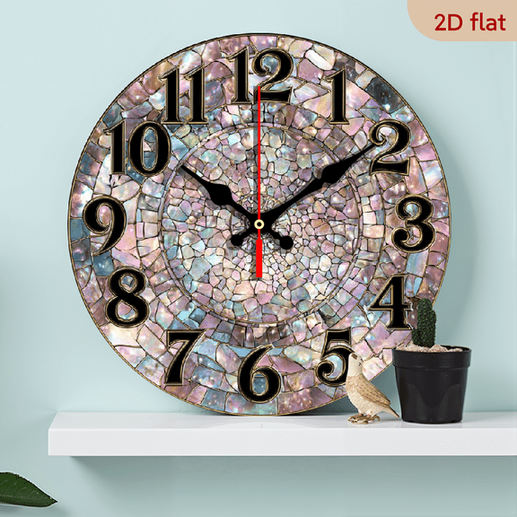 2D Flat 1pc 10Inch Rustic Farmhouse Iridescent Mother-of-Pearl Seashell Design Wooden Wall Clock - Silent Quartz Movement, AA Battery Operated (Not Included), Circular Shape for Kitchen Bedroom Li