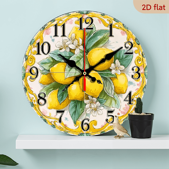 2D Flat, 1pc 10Inch Rustic Farmhouse Lemon Decor Wooden Wall Clock - Silent Quartz Movement, Vibrant Yellow Lemons Floral Design, Perfect for Kitchen, Bedroom, Living Room, or Bathroom Decor, Work