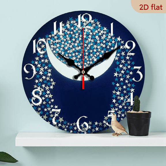 2D Flat, 1pc 10Inch Rustic Farmhouse Moon Stars Wooden Wall Clock - Silent Quartz Movement, Navy Blue with Crescent Moon Sparkling Stars Design, Perfect for Kitchen, Bedroom, Living Room, Bathroom