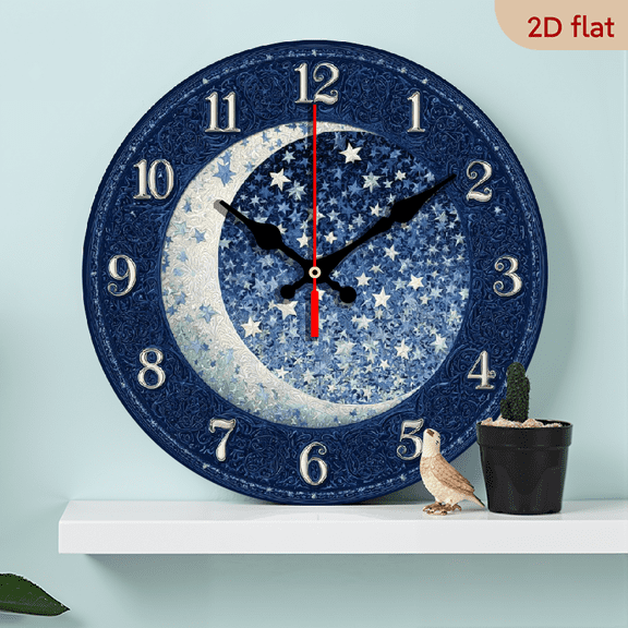 2D Flat, 1pc 10Inch Rustic Farmhouse Moon Stars Wooden Wall Clock - Silent Quartz Movement, Navy Blue with Crescent Moon Sparkling Stars Design, Perfect for Kitchen, Bedroom, Living Room, Bathroom