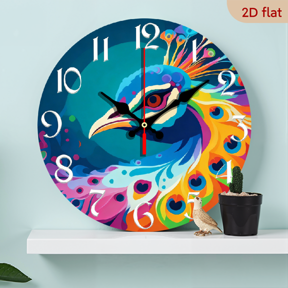 2D Flat, 1pc 10Inch Rustic Farmhouse Peacock Rooster Wall Clock - Silent Quartz Movement, Wooden Frame, Vibrant Colorful Feathers, 2D Flat Design for Kitchen Bedroom Living Room Bathroom Office De