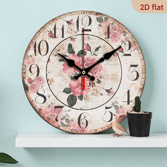 2D Flat 1pc 10Inch Rustic Farmhouse Pink Roses Wooden Wall Clock Silent Quartz Movement, Vintage Floral Design with Beige Background, AA Battery Operated (Not Included) for Kitchen Bedroom Living