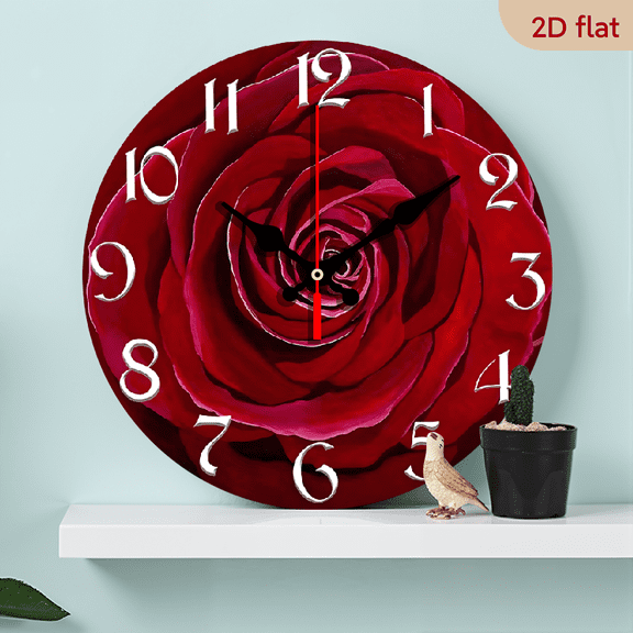 2D Flat 1pc 10Inch Rustic Farmhouse Red Rose Wooden Wall Clock Silent Quartz Movement, AA Battery Operated (Not Included) for Kitchen, Bedroom, Living Room, Bathroom, Office Workspace Decor