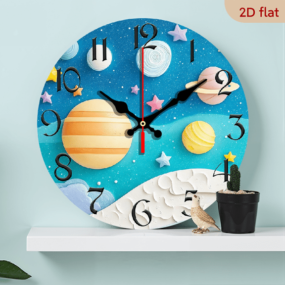 2D Flat, 1pc 10Inch Rustic Farmhouse Space Planets Wooden Wall Clock - Silent Quartz Movement, Vibrant Celestial Design with Planets, Stars Clouds, 2D Flat Artwork, AA Battery Operated (Not Includ