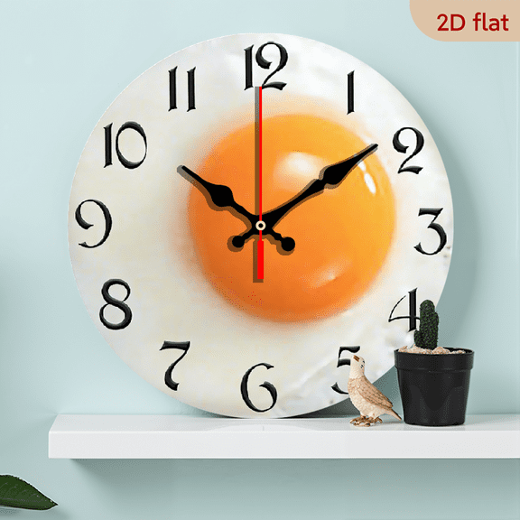 2D Flat, 1pc 10Inch Rustic Farmhouse SunnySideUp Egg Wooden Wall Clock - Silent Quartz Movement, AA Battery Operated (Not Included), 2D Flat Design for Kitchen, Bedroom, Living Room, or Office Dec