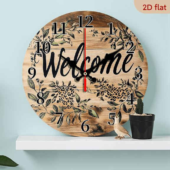 2D Flat 1pc 10Inch Rustic Farmhouse Welcome Wooden Wall Clock with Large Black Hands White Face Wood Texture Silent Sweep Movement, Green Foliage Leaf Design Cursive Welcome Lettering