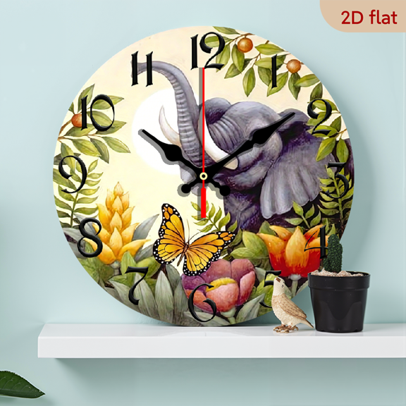 2D Flat, 1pc 10Inch Rustic Farmhouse Wooden Wall Clock with Elephant Butterfly Floral Design - Silent Quartz Movement, AA Battery Operated (Not Included) for Kitchen, Bedroom, Living Room, Bathroo