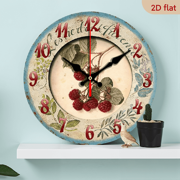 2D Flat, 1pc 10Inch Rustic Farmhouse Wooden Wall Clock with Raspberry Floral Design French-Inspired Text - Silent Quartz Movement, AA Battery Operated (Not Included) for Kitchen, Bedroom, Living R
