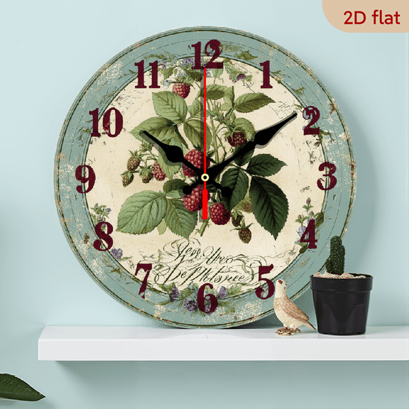 2D Flat, 1pc 10Inch Rustic Farmhouse Wooden Wall Clock with Raspberry Floral Design French-Inspired Text - Silent Quartz Movement, AA Battery Operated (Not Included) for Kitchen, Bedroom, Living R