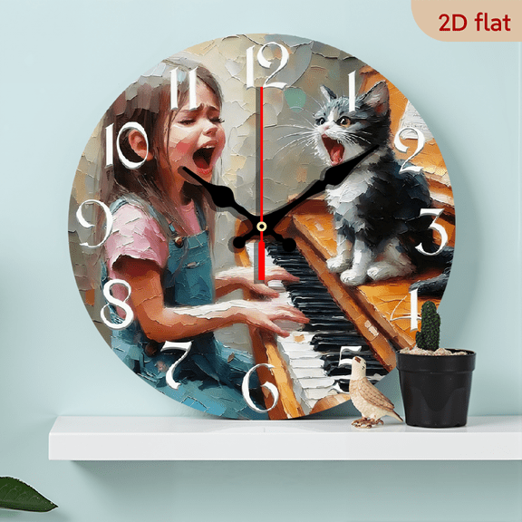 2D Flat, 1pc 10Inch Rustic Farmhouse Wooden Wall Clock with Women Playing Piano Cat Art - Silent Quartz Movement, AA Battery Operated (Not Included), 2D Flat Design for Kitchen Bedroom Living Room