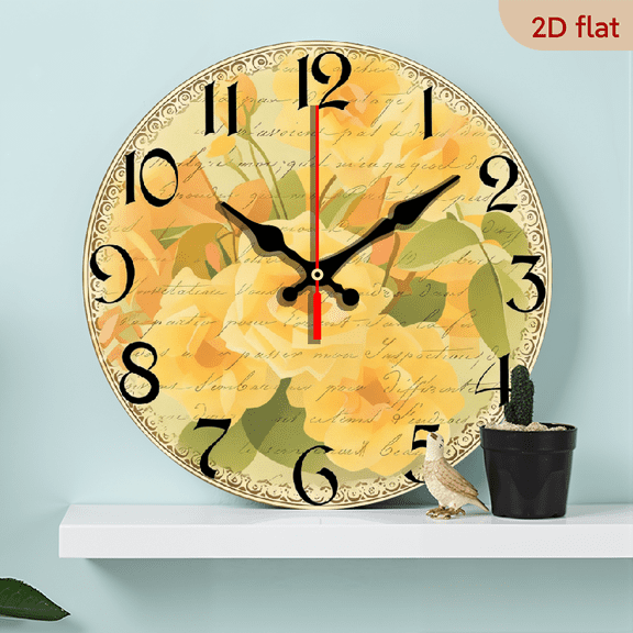 2D Flat, 1pc 10Inch Rustic Farmhouse Yellow Rose Floral Wooden Wall Clock - Silent Quartz Movement, Vintage-Inspired 2D Flat Design with Aged Parchment Background, AA Battery Operated (Not Include