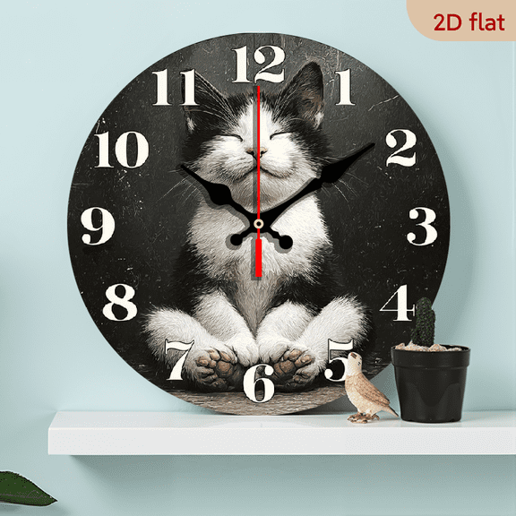 2D Flat, 1pc 10Inch Rustic Farmhouse Yoga Cat Wooden Wall Clock - Silent Quartz Movement, AA Battery Operated (Not Included), Meditating Cat Design for Kitchen Bedroom Living Room Bathroom Office