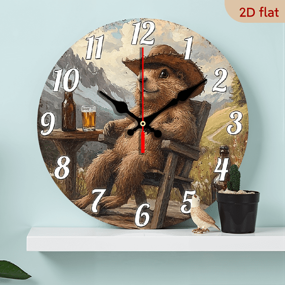 2D Flat 1pc 10Inch Rustic Groundhog Wall Clock Non Ticking Wooden Circular Clock with Relaxing Outdoor Scene, Perfect for Living Room, Kitchen, Office, or Guest Room Decor,Cute Clock