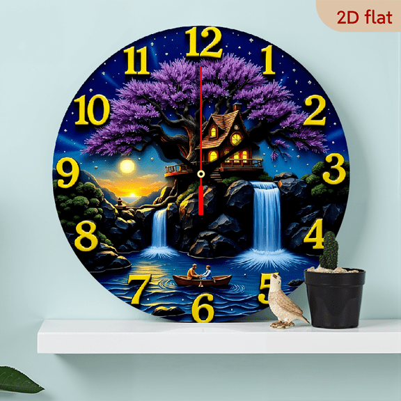 2D Flat 1pc 10Inch Rustic Log Cabin Waterfall Wall Clock Wooden Round Clock with Clear Numbers, AA Battery Operated (Not Included) for Living Room, Bedroom, Kitchen Cozy Home Decor Gift for