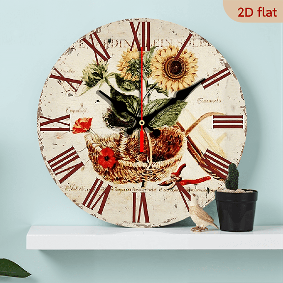 2D Flat 1pc 10Inch Rustic Sunflower Wooden Wall Clock Silent Non Ticking Country Style Round Clock for Bedroom, Bathroom, Kitchen, Office Decor Battery Powered (AA Battery Not Included)