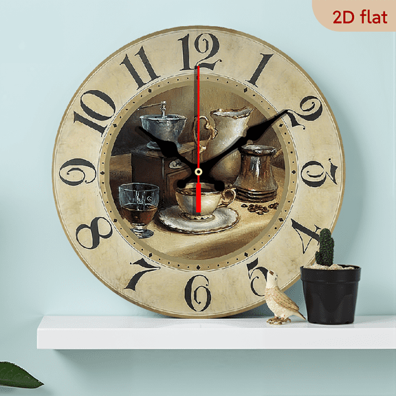 2D Flat 1pc 10Inch Rustic Vintage Coffee Cup Coffee Tool Wooden Wall Clock Silent Silent Clock, Suitable for Living Room Bedroom Decoration Spiritual Home Coffee Decorative Wall Hanging