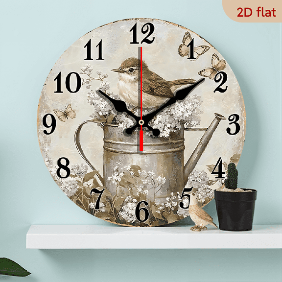 2D Flat 1pc 10Inch Rustic Vintage Garden Bird Wall Clock Non Ticking Wooden Round Clock with Floral Design for Dining Room, Hallway, Study, Home Office, Balcony Study Room Accessory Natureinspired