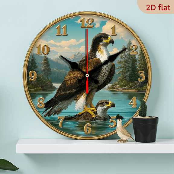 2D Flat 1pc 10Inch Rustic Wooden Eagle Fish Themed Wall Clock, Silent Non-Ticking Round Farmhouse Decor for Kitchen, Bedroom, Office - Battery Operated (AA Not Included), Bedroom