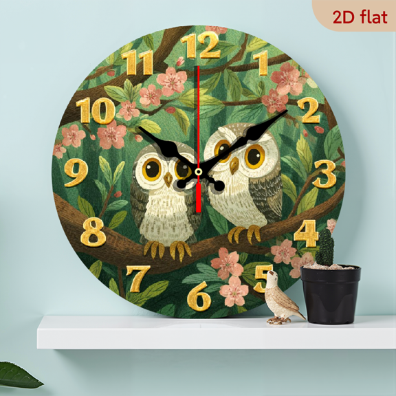 2D Flat, 1pc 10Inch Rustic Wooden Owl Wall Clock, Owl Design, Silent Digital Clock, Round Shape, Home Office Decor, Bedroom Guest Room, AA Battery Operated, No Battery Included
