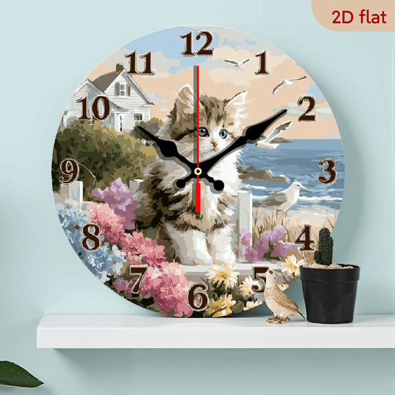 2D Flat, 1pc 10Inch Rustic Wooden Silent Wall Clock, 2D Vintage Floral Cat Theme, Farmhouse Style Home Decor, Round Wood Crown Shape, Battery Operated (AA Not Included), Ideal for Kitchen, Bedroom
