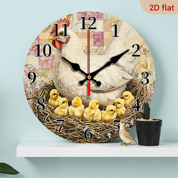 2D Flat 1pc 10Inch Rustic country style design wooden wall clock, silent clock with hen and chicks pattern, suitable for kitchen, office, garden decoration, modern home art decoration