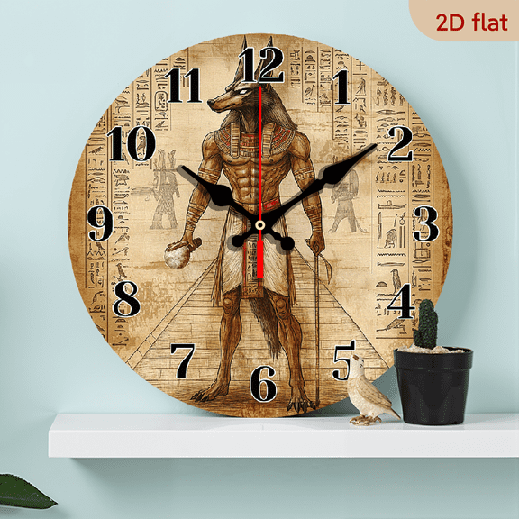 2D Flat 1pc 10Inch Silent Anubis Egyptian Fantasy Wall Clock with Hieroglyphics Round Wooden Battery-Powered Clock for Living Room, History-Themed Decor, Unique Gift for Ancient Egyptian Enthusiasts