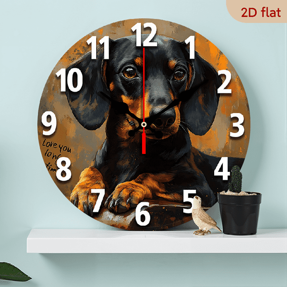 2D Flat 1pc 10Inch Silent Dachshund Wall Clock Oil Painting Style, Wood Fiber Board, Quiet Operation, Ideal for Bedroom Garden Decor, Requires AA Battery (Not Included), Home Decor ClockVibrant Wall