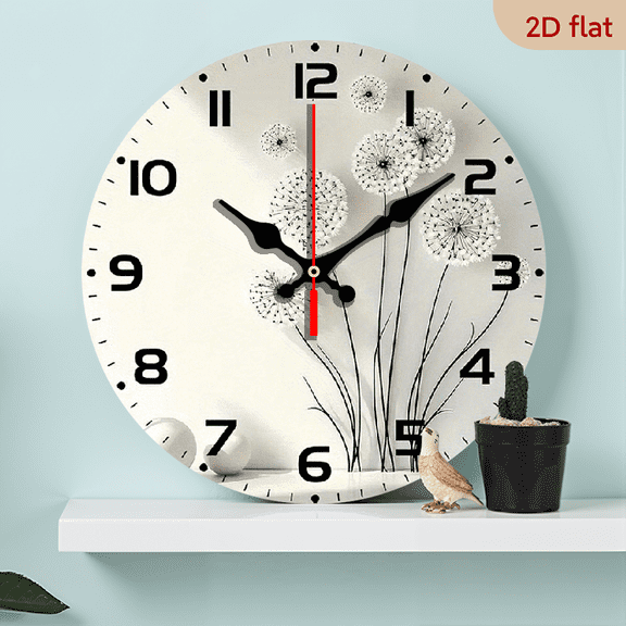 2D Flat 1pc 10Inch Silent Dandelion Wall Clock Modern Black White Design, Silent Quartz Movement, Round Wooden Frame, Battery Operated (AA Battery Not Included), Ideal for Home Decor Nature Lovers