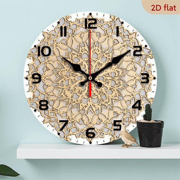2D Flat 1pc 10Inch Silent Moroccan Style Round Wooden Wall Clock Wood Veneer Design with Intricate Patterns, White Background Black Numbers Battery Operated (AA Battery Not Included)