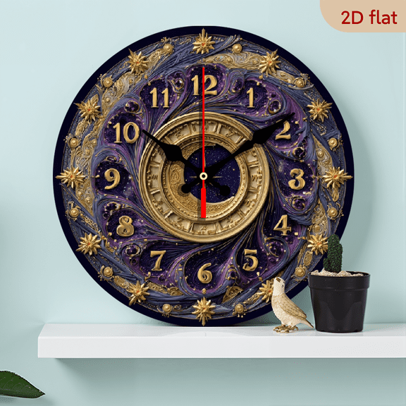 2D Flat, 1pc 10Inch Silent Non-Ticking Celestial Wooden Wall Clock with Moon, Stars Wood Veneer - Modern Round Astronomy Clock Suitable for Living Room, Birthday Gift