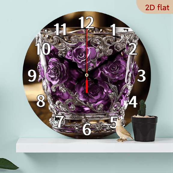 2D Flat 1pc 10Inch Silent Non Ticking Floral Wooden Wall Clock Elegant Purple Roses in like Wood, Modern Home Decor for Living Room, Bedroom Perfect Housewarming Wedding Gift for Flower Lovers