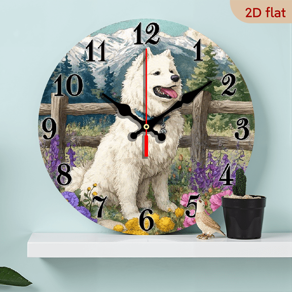 2D Flat 1pc 10Inch Silent Non Ticking Wall Clock Samoyed Dog Pastoral Scene with Floral accents Wooden Silent Modern Farmhouse Decor for Living Room, Bedroom, Kitchen No Battery Included