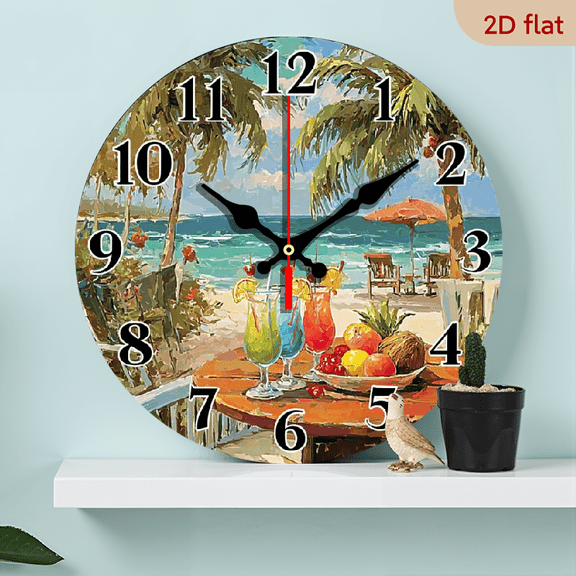 2D Flat 1pc 10Inch Silent Non Ticking Wall Clock Tropical Beach Scene with Cocktails, Palm Trees Ocean View, Wooden Decorative Round Clock for Foyer, Kitchen, Home Office, Studio, Guest Room Battery
