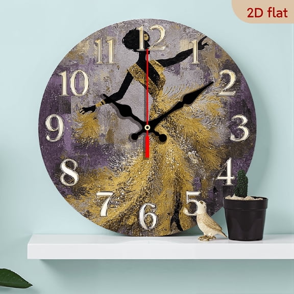 2D Flat 1pc 10Inch Silent Non-Ticking Wooden Wall Clock - Abstract Dancer Silhouette with Golden Feathers, Modern Home Decor for Living Room, Bedroom, Office, 25cm (Battery Not Included)