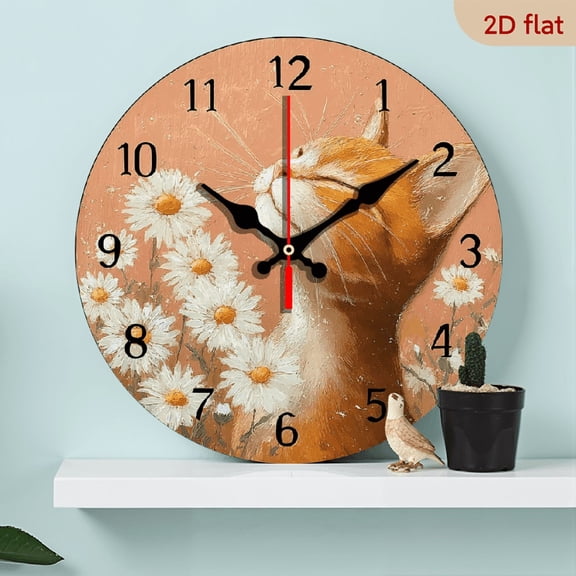 2D Flat 1pc 10Inch Silent Non-Ticking Wooden Wall Clock - Circular Cat Daisies Design, Battery Operated (AA Not Included) for Living Room, Bedroom, Kitchen, Office - 20cm Home Decor, Modern