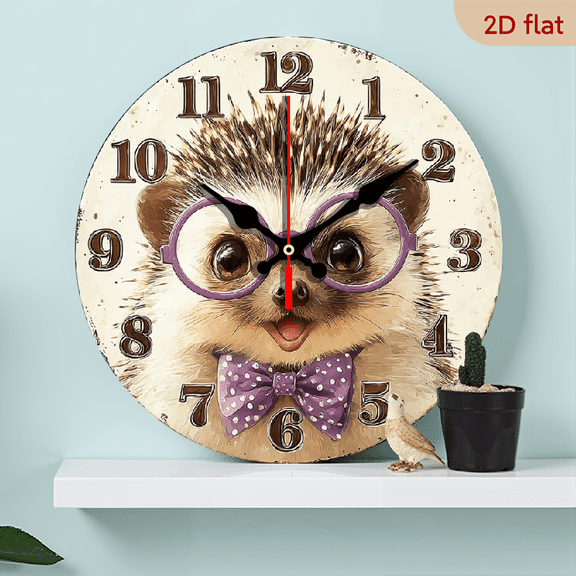 2D Flat 1pc 10Inch Silent Non-Ticking Wooden Wall Clock - Cute Hedgehog with Glasses Purple Polka Dot Bow Design, Decorative Round Clock for Living Room, Bedroom, Kitchen, Office