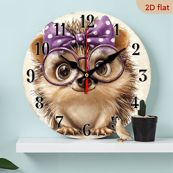 2D Flat 1pc 10Inch Silent Non-Ticking Wooden Wall Clock - Cute Hedgehog with Glasses Purple Polka Dot Bow Design, Decorative Round Clock for Living Room, Bedroom, Kitchen, Office