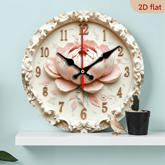 2D Flat 1pc 10Inch Silent Non-Ticking Wooden Wall Clock Elegant Floral Roman Numeral Design with Intricate Patterns (AA Not Included) for Living Room