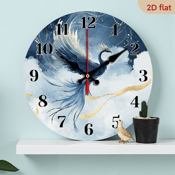 2D Flat 1pc 10Inch Silent Non Ticking Wooden Wall Clock Elegant Flying Phoenix in Blue White Clouds, Battery Powered (AA Not Included) for Living Room, Bedroom, Office Decor Mythical Creature