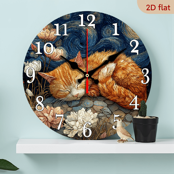 2D Flat 1pc 10Inch Silent Non-Ticking Wooden Wall Clock with Ginger Cat in Floral Night Scene Design Round Decorative Clock for Kitchen, Living Room, Study - Battery Operated (AA Not Included)