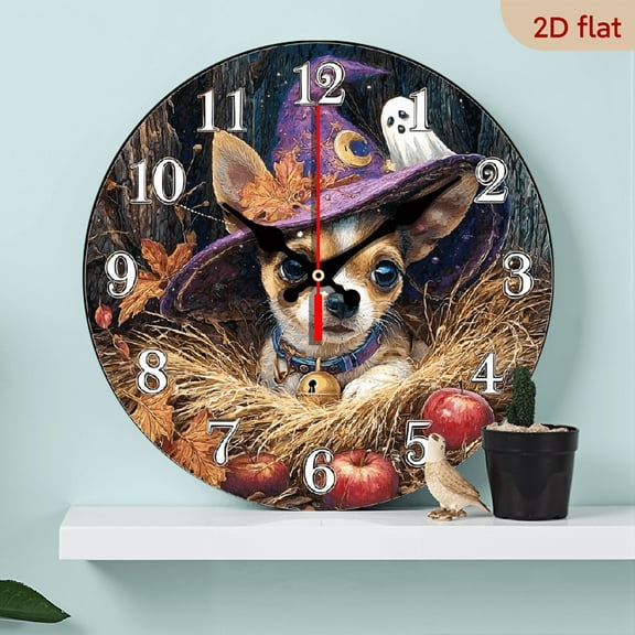 2D Flat 1pc 10Inch Silent Non-Ticking Wooden Wall Clock - Halloween Chihuahua Witch Hat Autumn Leaves Design, 254cm Battery Operated (AA Not Included) for Kitchen, Home Office, Library