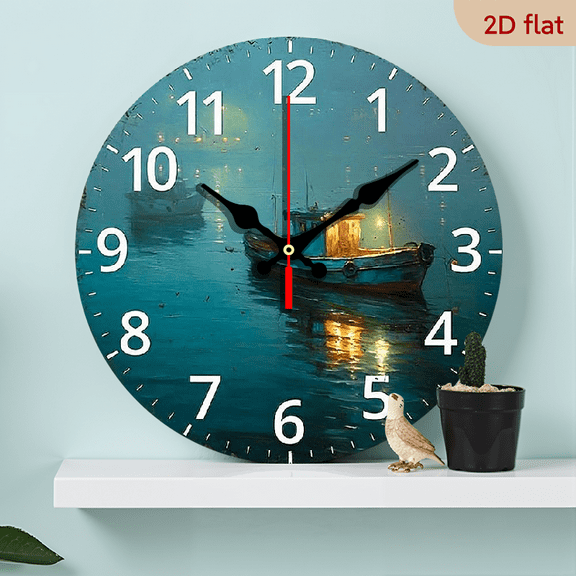 2D Flat 1pc 10Inch Silent Non-Ticking Wooden Wall Clock with Nautical Boat Painting Design Round Battery Operated Clock for Kitchen, Bedroom, Living Room, Stairwell, Laundry Room