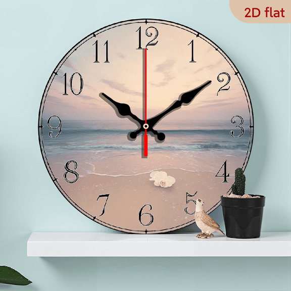 2D Flat 1pc 10Inch Silent Non-Ticking Wooden Wall Clock - Pastel Beach Sunset Design with Large Black Hands Pastel Face, 20cm Modern Minimalist Round Clock for Living Room, Kitchen, Bedroom