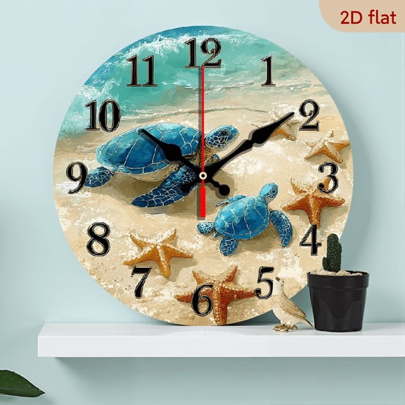 2D Flat 1pc 10Inch Silent Non-Ticking Wooden Wall Clock - Sea Turtle Family Beach Design, 20cm Battery Operated (AA Battery Not Included) for Kitchen, Bedroom, Living Room, Stairwell, Laundry Room