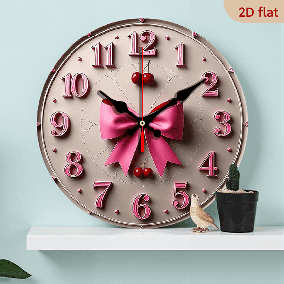 2D Flat 1pc 10Inch Silent Pink Bow Wooden Wall Clock - Vintage Farmhouse Style, Cherry Accents, Ideal for Kitchen, Office Decor, Battery Not Included, Perfect Mother's Day Gift, Gift for Her