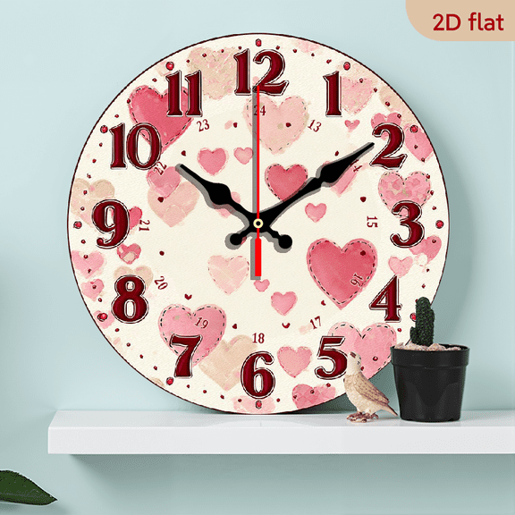2D Flat 1pc 10Inch Silent Pink Heart Design Wall Clock - Round Wooden Frame, Battery Operated (AA), Ideal for Bedroom Decor Romantic Gifts, Wood Frame Clock